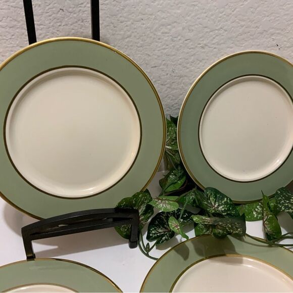 COPY - 4 Dinner Plate Classic Heritage Green Green Band Gold Trim Made in USA  … - Picture 4 of 10